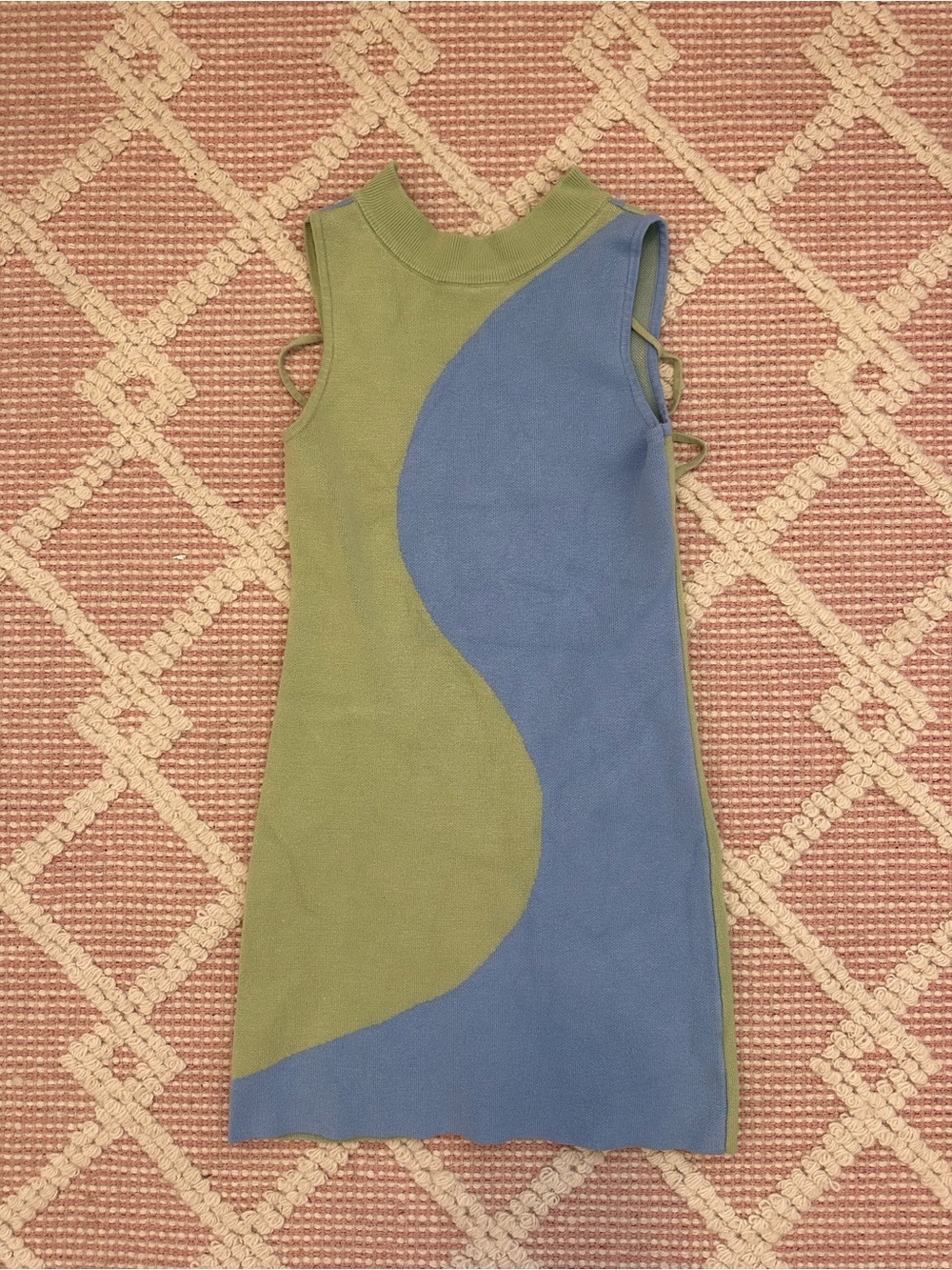 Sleeveless Blue and Olive Curve-Panel Mini Dress